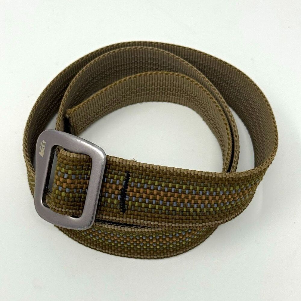 Ruff Wear Military Webbed Belt Brown Green Striped Metal Buckle Size M